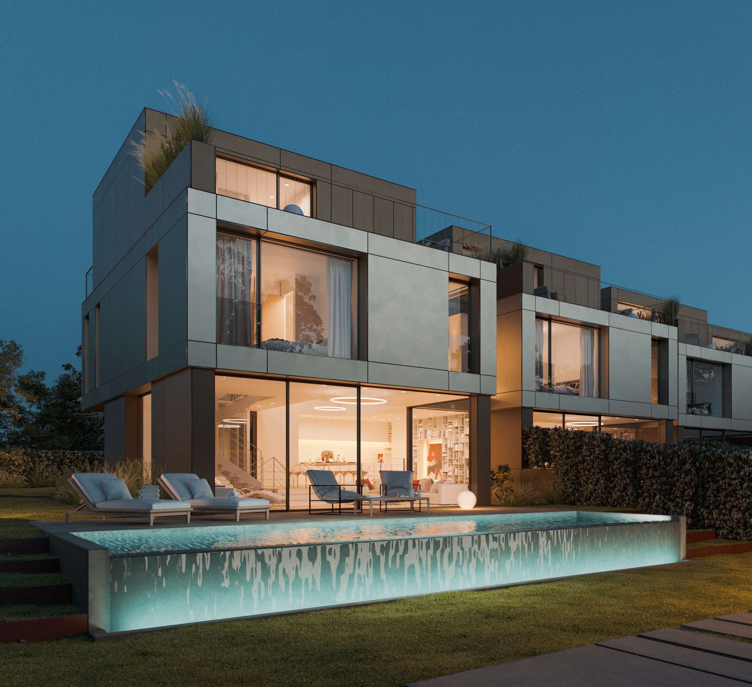 Nighttime 3D rendering of modern homes with illuminated windows beside a pool
