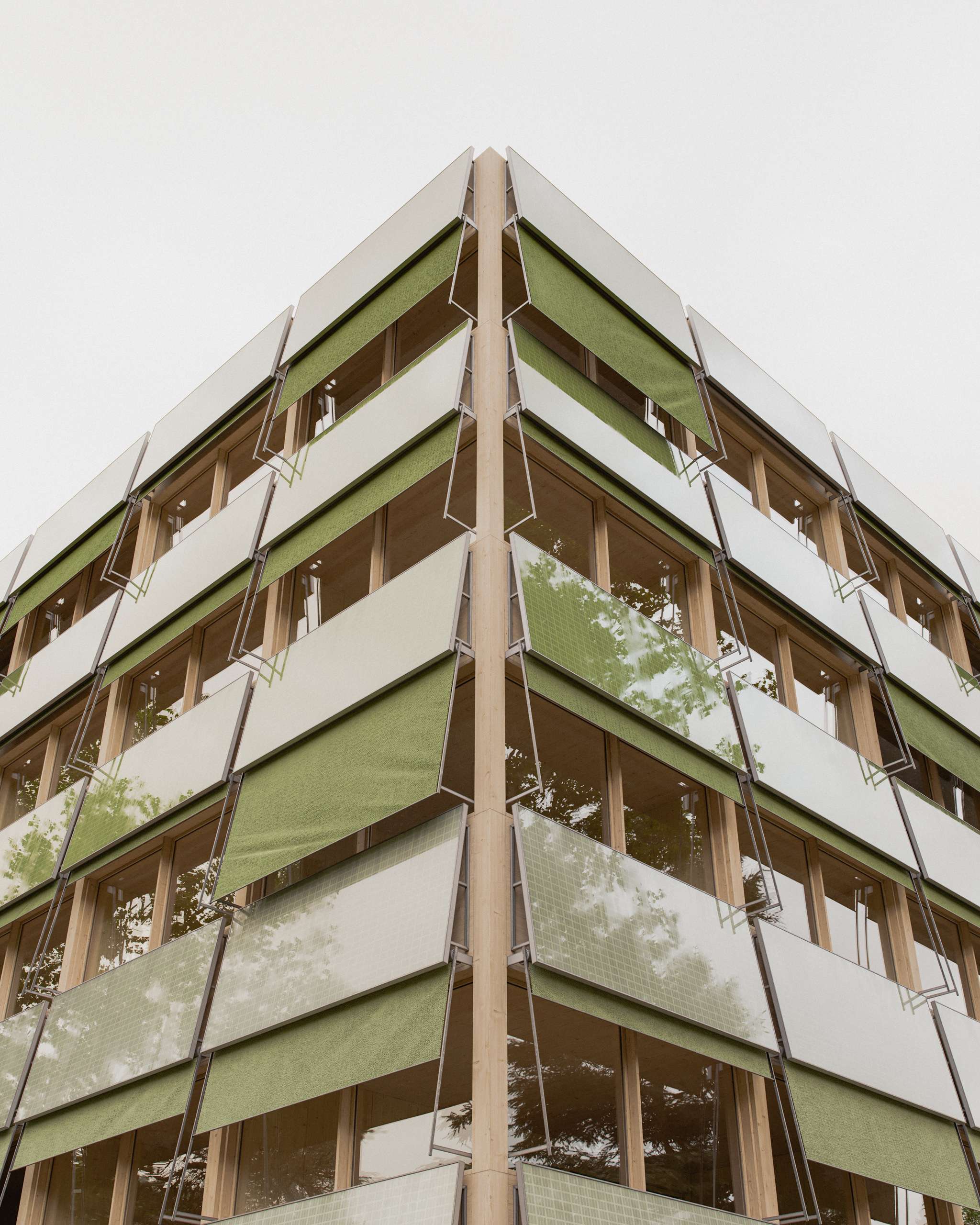 Low-angle 3D rendering of green sunshades wrapping a concrete building corner