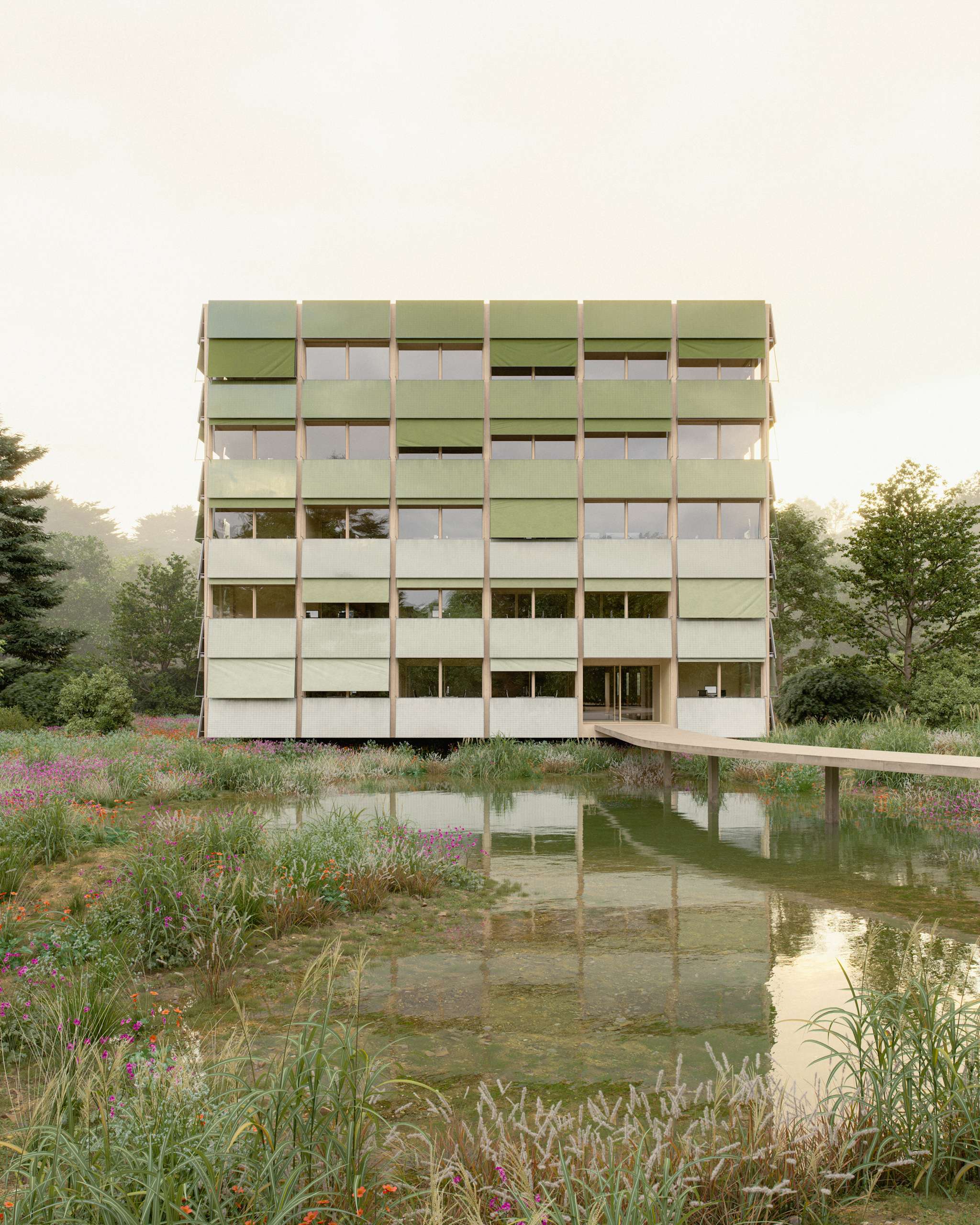 3D rendering of a green-and-white office building reflected in a landscaped pond