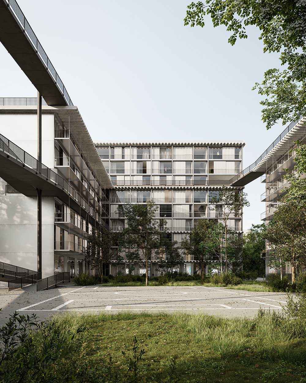 Photorealistic exterior 3D Rendering of a residential building in Volta designed by Parabase Architects. Project for an architectural competition. Still CG Image produced by Scuares, an architectural visualization studio