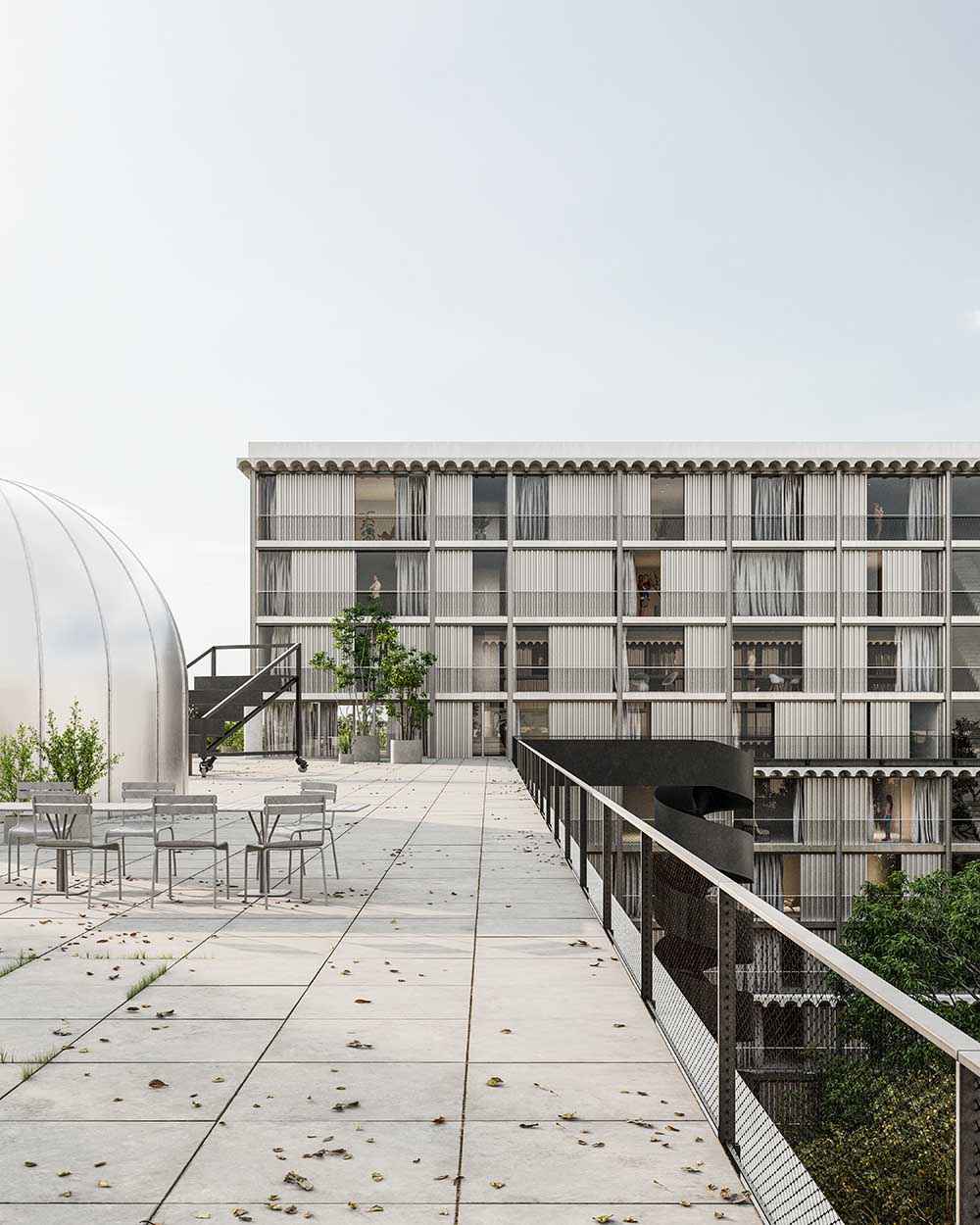 Photorealistic exterior 3D Rendering of a residential building in Volta designed by Parabase Architects. Project for an architectural competition. Still CG Image produced by Scuares, an architectural visualization studio