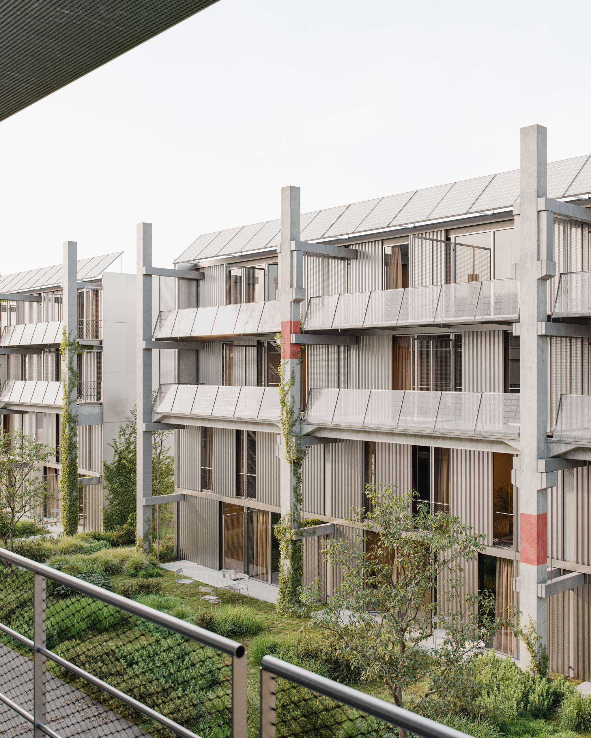 3D rendering of timber-clad homes and gardens beside the railway at Walkeweg Nord