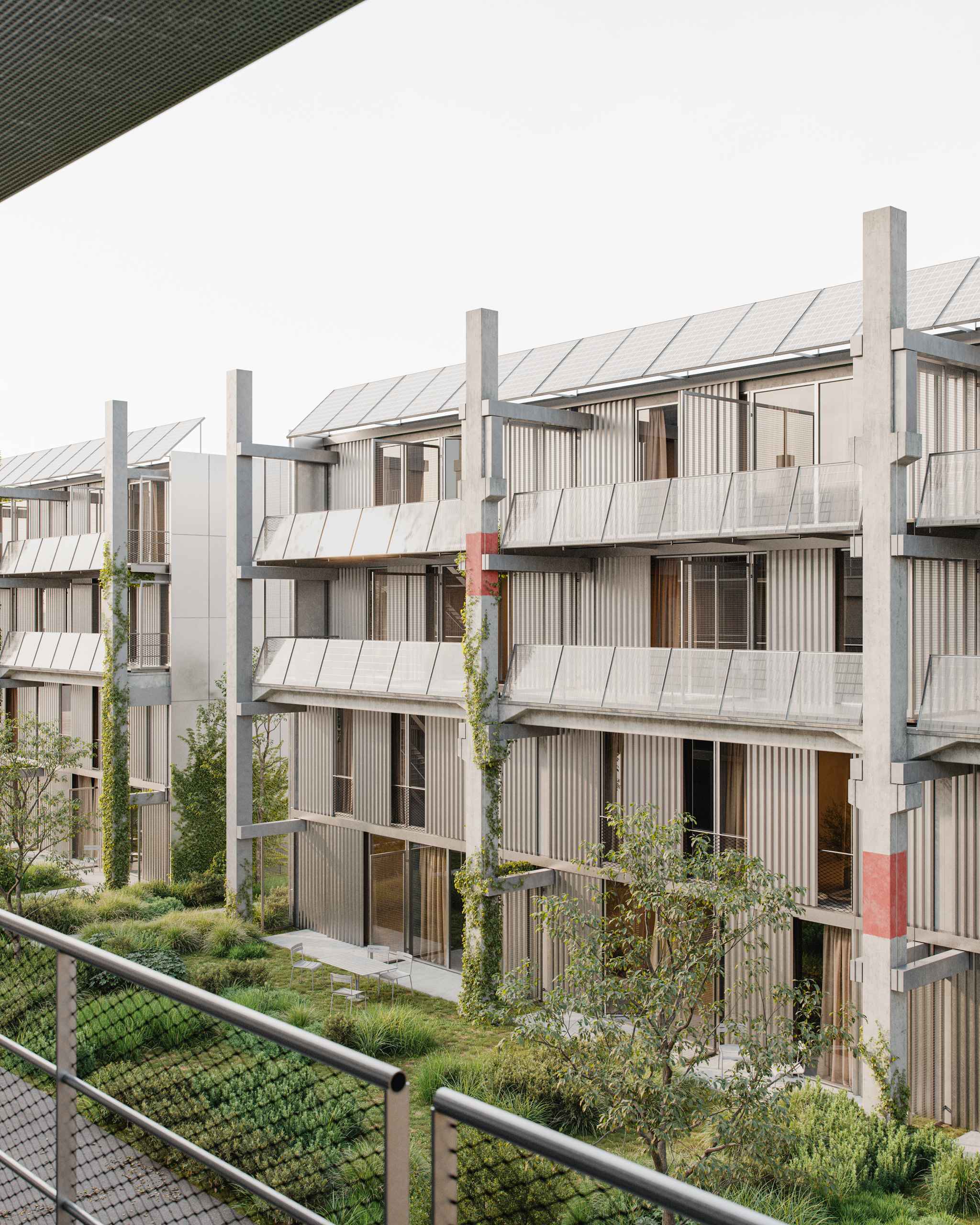 Photorealistic exterior 3D Rendering of a modern multifunctional complex in an urban context in Washington. View from a human eye level. Still CG image produced by Scuares, an architectural visualization studio