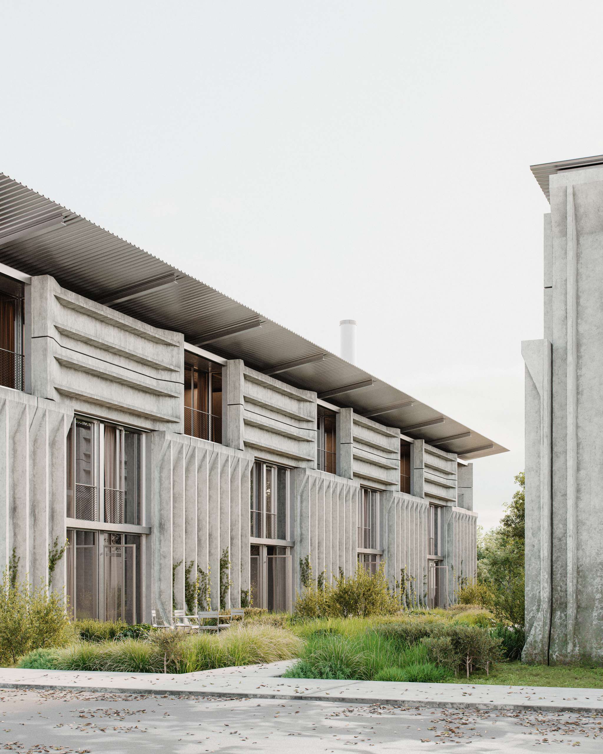 3D rendering of pitched-roof housing blocks around a planted pedestrian courtyard