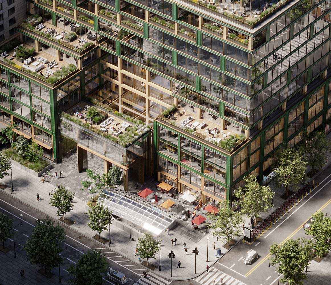 Aerial photorealistic exterior 3D Rendering of a modern multifunctional complex in an urban context in Washington. Still CG image produced by Scuares, an architectural visualization studio