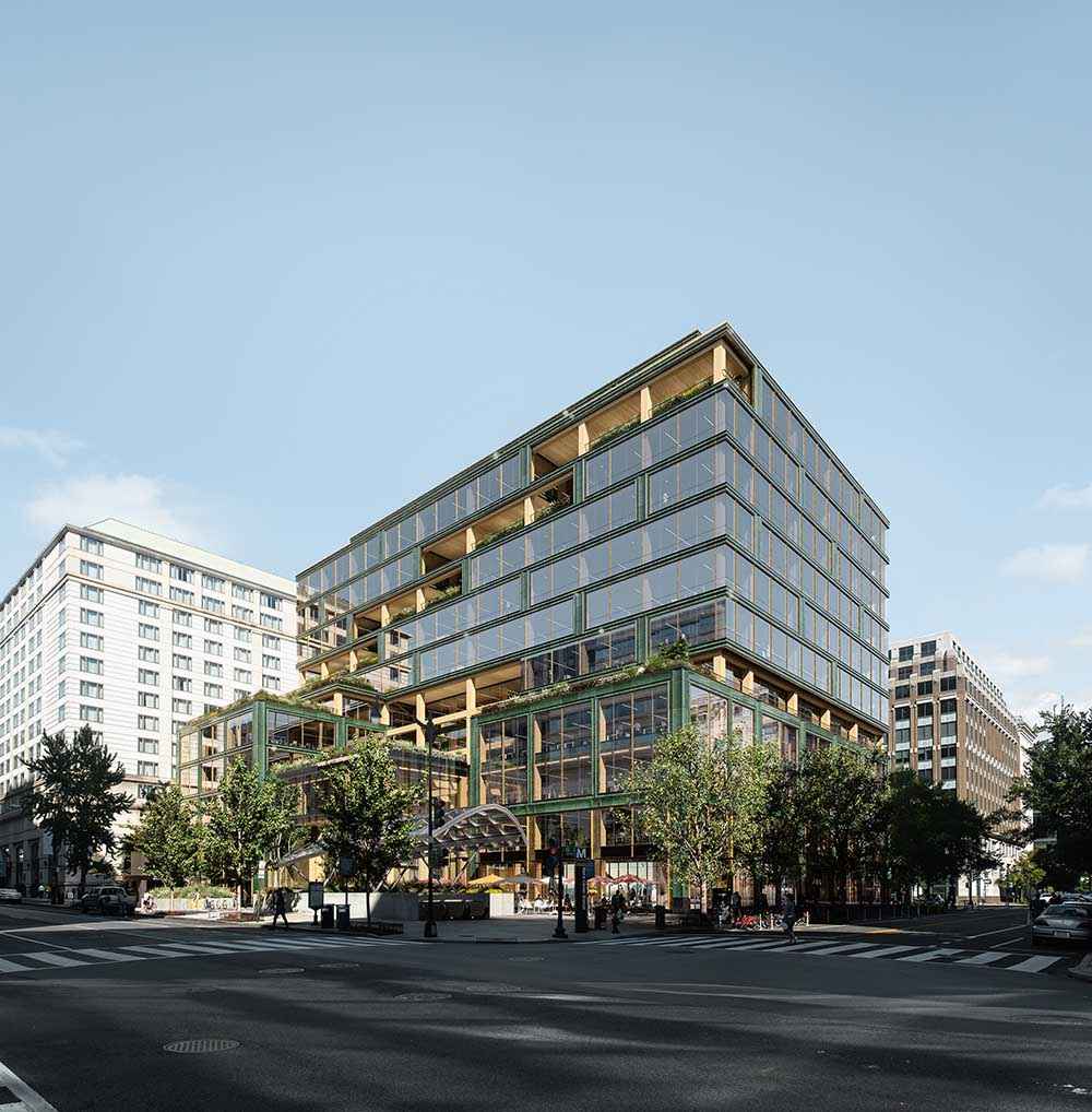 Photorealistic exterior 3D Rendering of a modern multifunctional complex in an urban context in Washington. View from a human eye level. Still CG image produced by Scuares, an architectural visualization studio