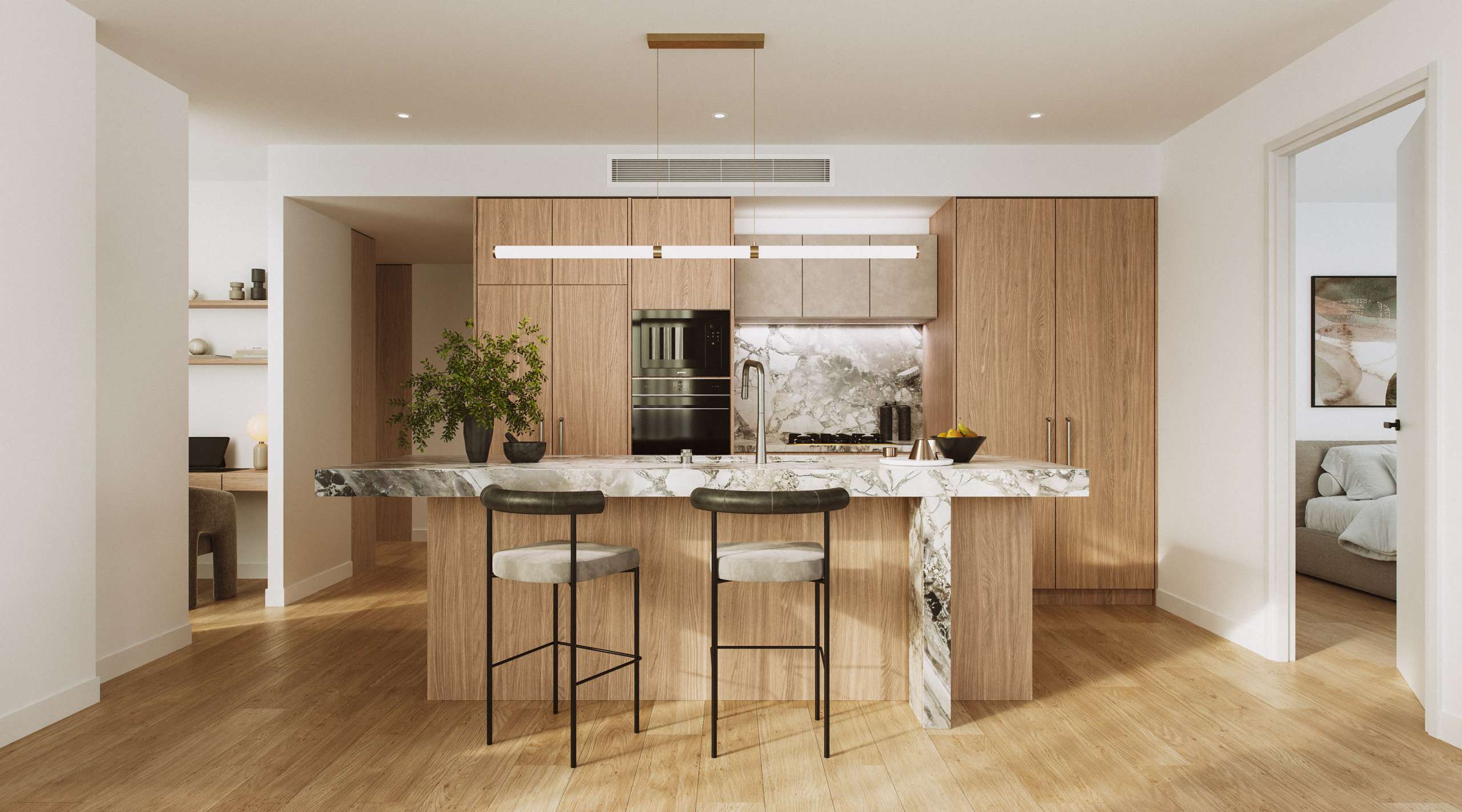 3D rendering of a timber kitchen with a stone island and bar stools