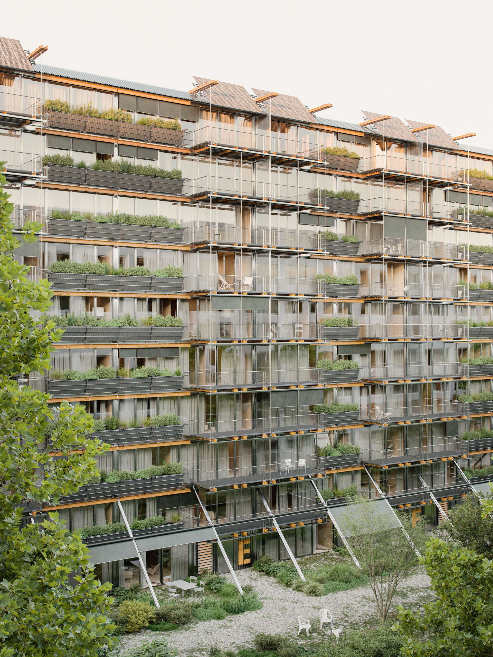 3D rendering of a multistorey apartment façade with planted balconies and exterior stairs