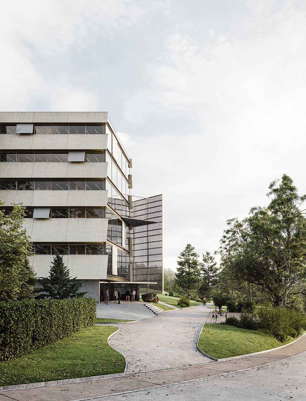 Photorealistic exterior 3D Rendering of a courthouse in Zurich designed by Parabase Architects. Project for an architectural competition. Still CG Image produced by Scuares, an architectural visualization studio