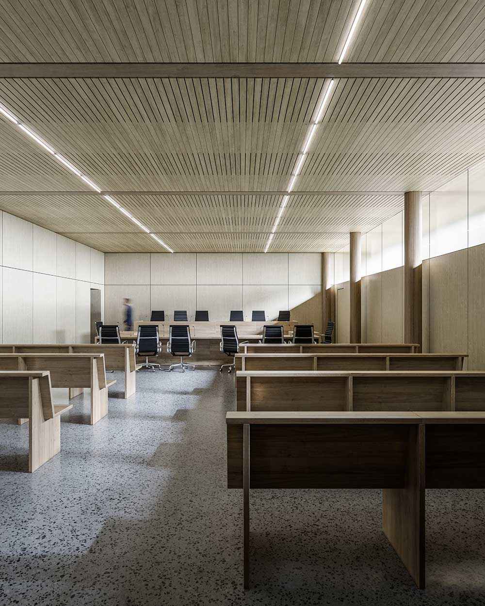 Photorealistic interior 3D Rendering of a courthouse in Zurich designed by Parabase Architects. Project for an architectural competition. Still CG Image produced by Scuares, an architectural visualization studio